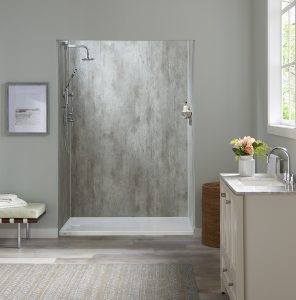 A beautiful bathroom with a beige-and-white walk-in shower