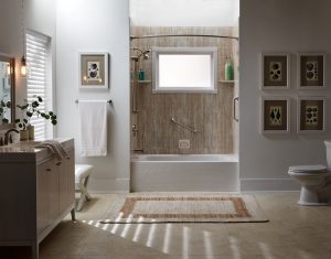 Modern bathroom with a bathtub with corner shelving and a window.